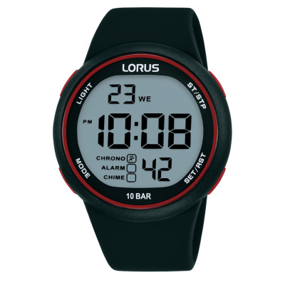 Lorus R2345QX9 digitaal herenhorloge met zwarte siliconen band en rode ring - Ø 44 mm