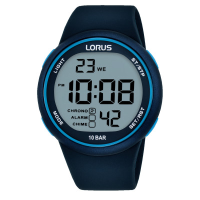 Lorus R2347QX9 blauw digitaal herenhorloge met ronde kast en siliconen band - Ø 44 mm