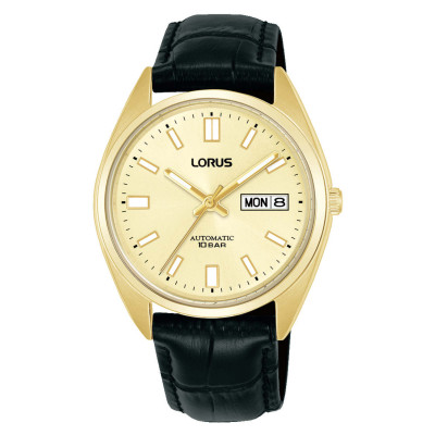 Lorus RL436CX9 automatisch herenhorloge met vergulde ronde kast en zwarte leren band - Ø 39 mm