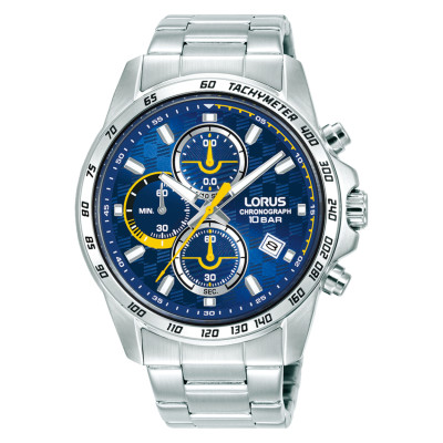 Lorus RM307KX9 chronograaf herenhorloge met stalen schakelband en blauw gele wijzerplaat - Ø 43 mm