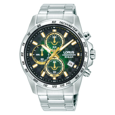 Lorus RM309KX9 chronograaf herenhorloge met groene wijzerplaat en stalen schakelband - Ø 43 mm