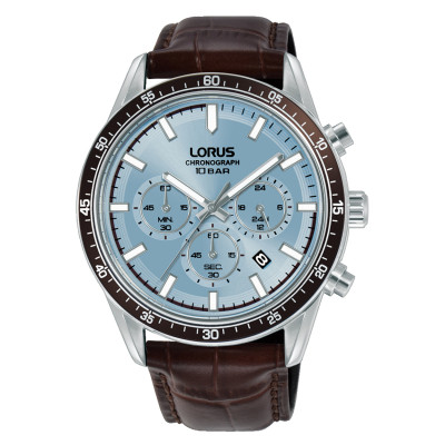 Lorus RT351LX9 chronograaf herenhorloge met bruine leren band blauwe wijzerplaat en datum - Ø 43 mm