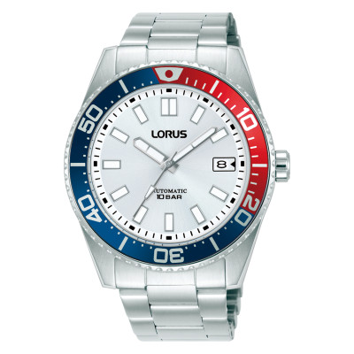 Lorus RU427AX9 automatisch herenhorloge van zilverkleurig staal met rood-blauwe lunette - Ø 42 mm