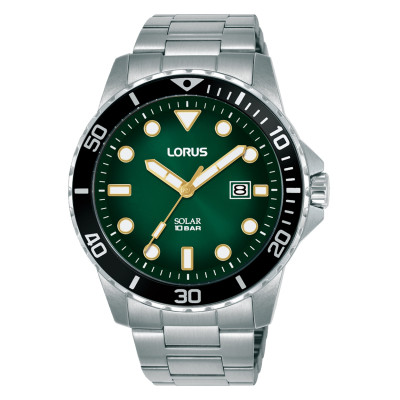 Lorus RX305BX9 solar herenhorloge met zilverkleurige kast groene wijzerplaat en zwarte lunette - Ø 42 mm