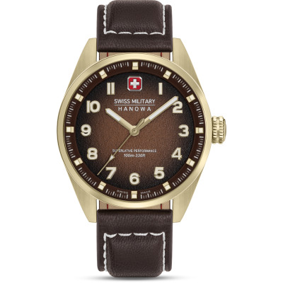 swiss-military-hanowa-greyhound-smwga0001551-quartz-horloge-goudkleurig-staal-met-bruine-leren-band-o-42-mm