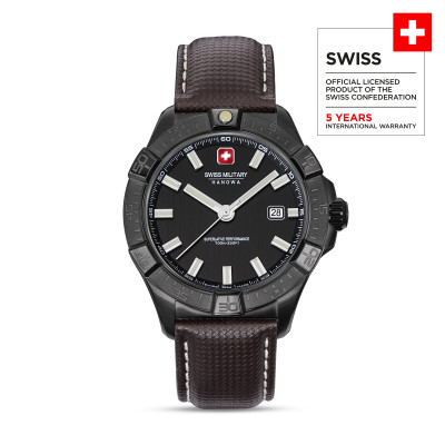 Swiss Military Hanowa Jockworth SMWGB0008030 horloge met zwarte kast en bruine leren band - Ø 42 mm