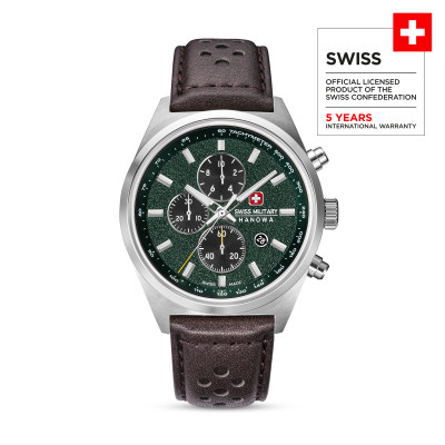Swiss Military Hanowa Storm SMWGC0007803 bruin leren horloge met chronograaf en groene wijzerplaat - Ø 43 mm