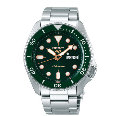 Seiko 5 Sports SRPD63K1 automatisch herenhorloge met groene wijzerplaat en stalen band - Ø 43 mm