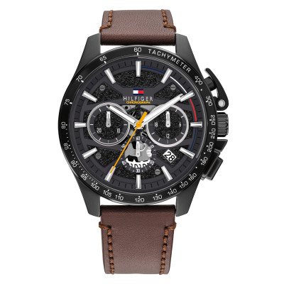 Tommy Hilfiger Bank TH1792291 chronograaf herenhorloge met zwarte kast en bruine leren band - Ø 44 mm