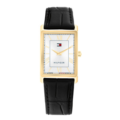 Tommy Hilfiger Ben TH1710772 herenhorloge met rechthoekige goudkleurige kast en zwarte band - Ø 40 mm