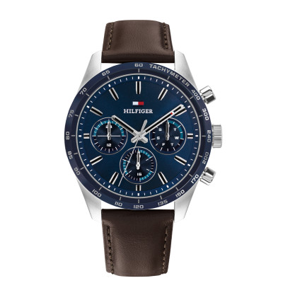 Tommy Hilfiger Hampton TH1792276 herenhorloge met bruine band stalen kast en blauwe wijzerplaat - Ø 42 mm