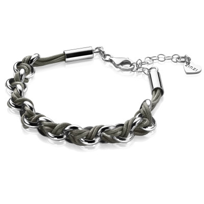Zinzi ZIA1035G zilveren armband met jasseron schakels en grijs koord 9 mm breed - Lengte 18.5-21 cm