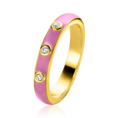 Zinzi ZIR2315R gold plated aanschuifring met roze emaille en drie transparante zirkonia's 3 mm breed