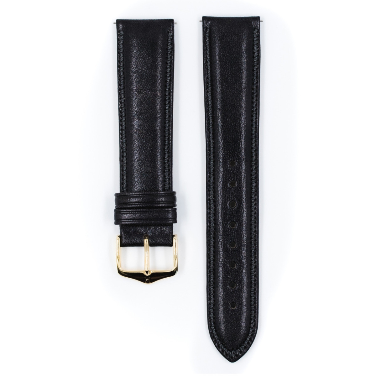 HIRSCH Ascot 01575050-1 horlogebandje van zwart leer met stiksel en goudkleurige gesp - 18-20 mm breed