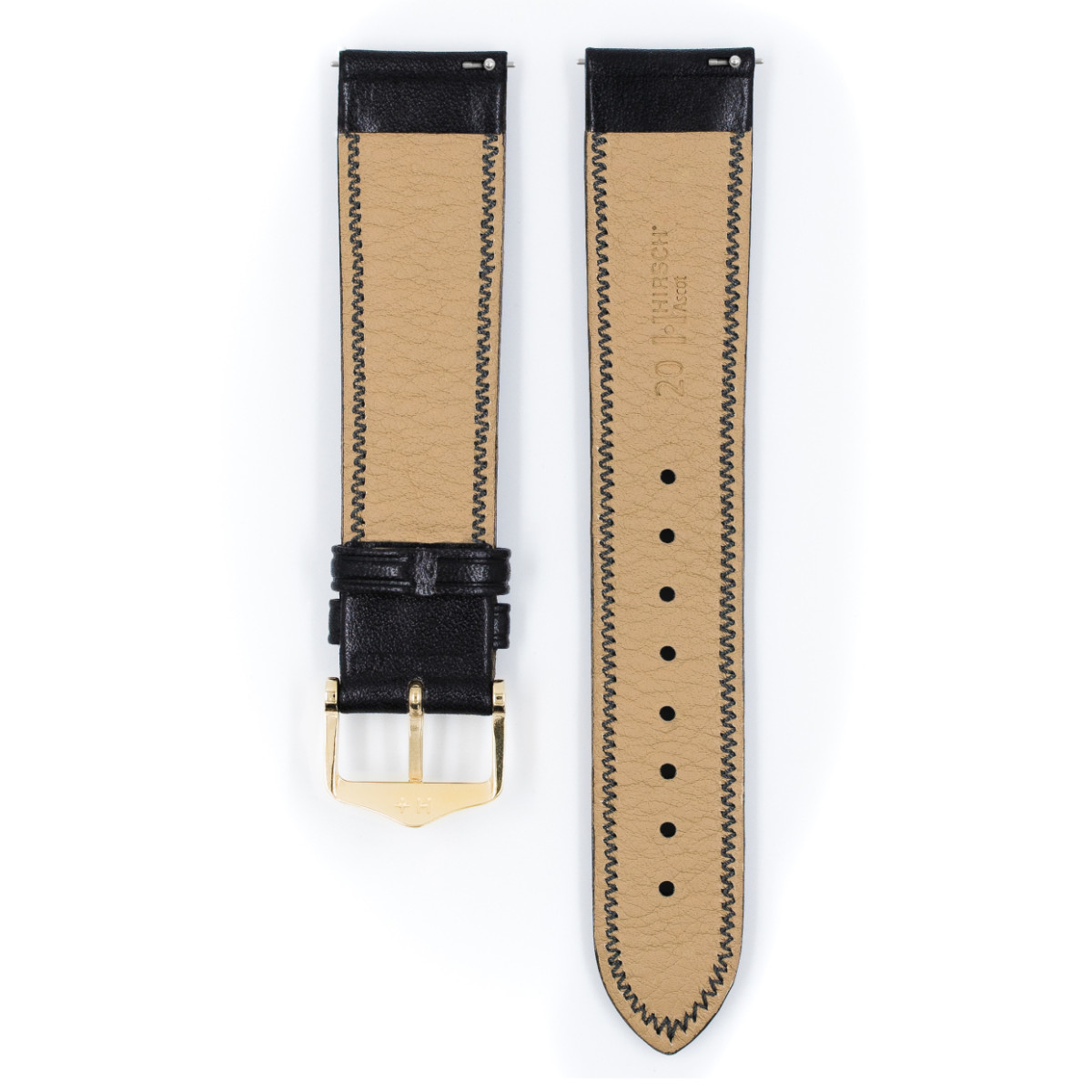 HIRSCH Ascot 01575050-1 horlogebandje van zwart leer met stiksel en goudkleurige gesp - 18-20 mm breed