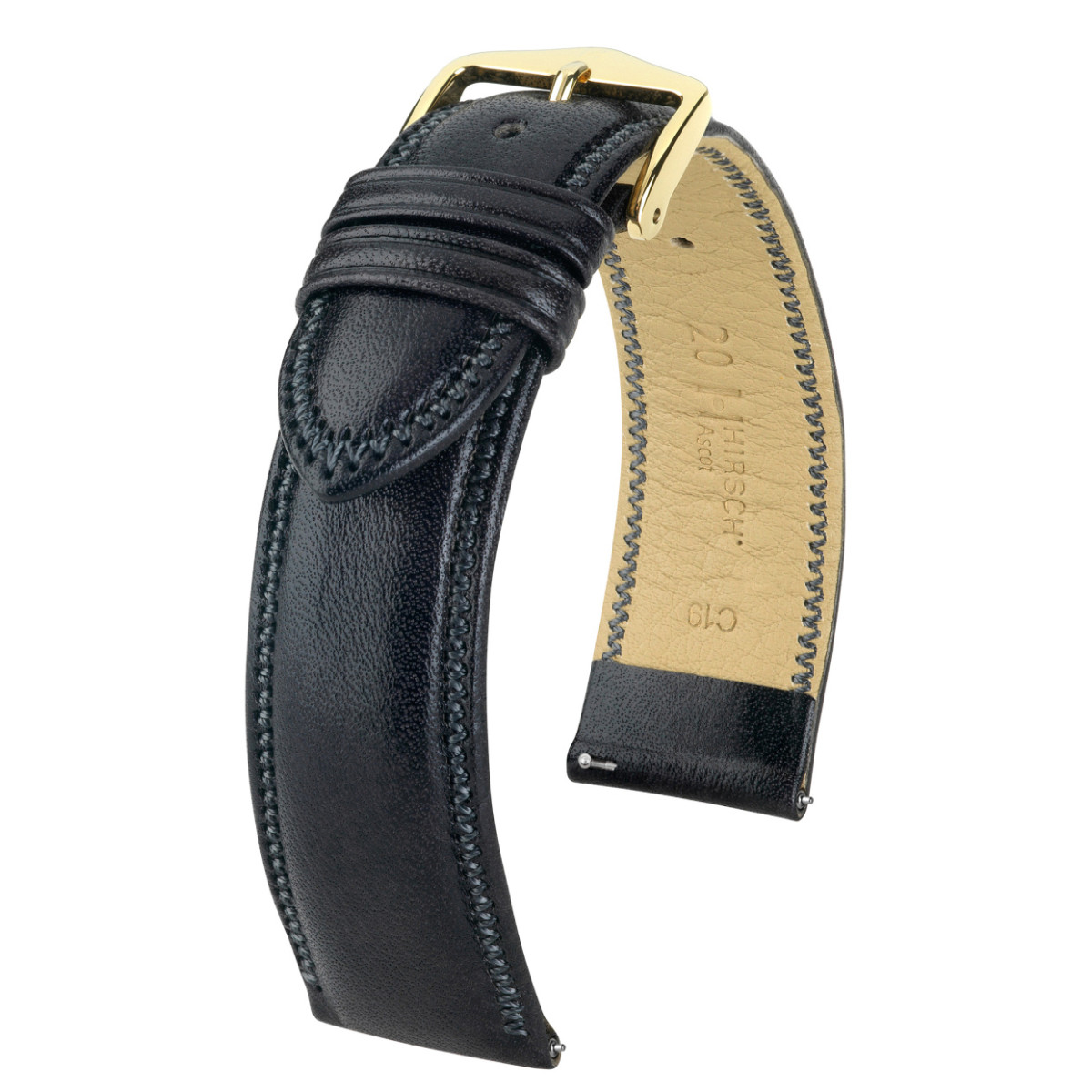 HIRSCH Ascot 01575050-1 horlogebandje van zwart leer met stiksel en goudkleurige gesp - 18-20 mm breed