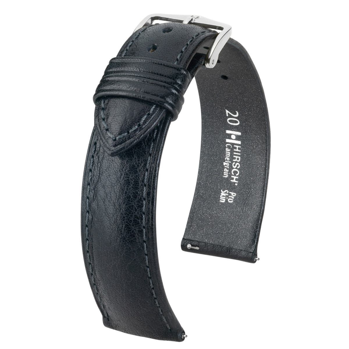 HIRSCH Camelgrain 01009050-2 zwarte leren horlogeband met zilverkleurige gesp