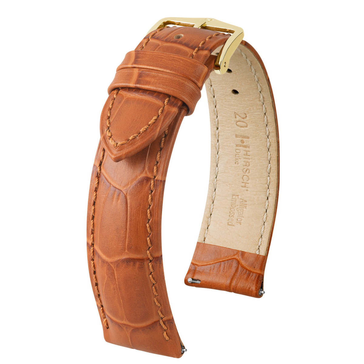 HIRSCH Duke 01028375-1 cognac horlogeband met krokodillenpatroon en goudkleurige gesp