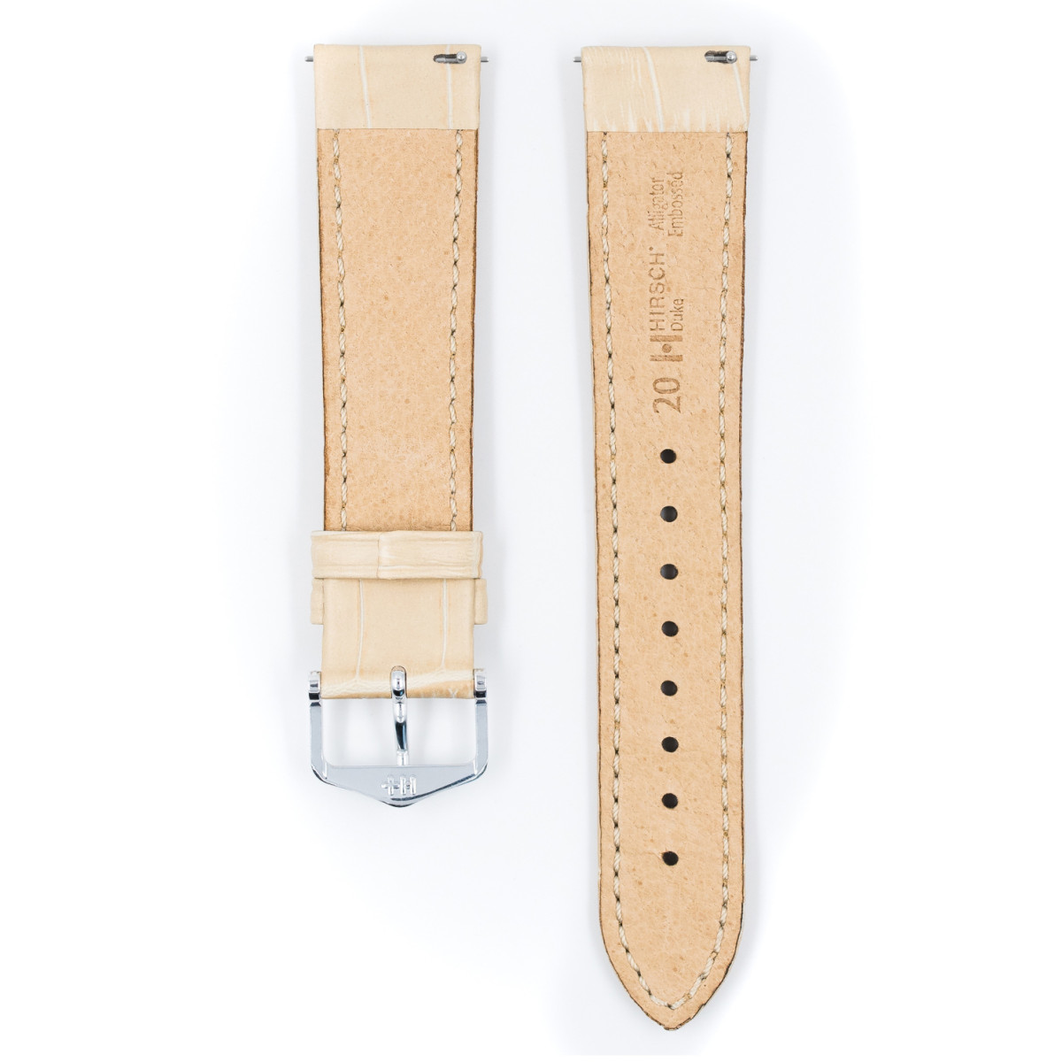 HIRSCH Duke 01028390-1 crèmekleurige leren horlogeband met krokodillenpatroon en goudkleurige gesp