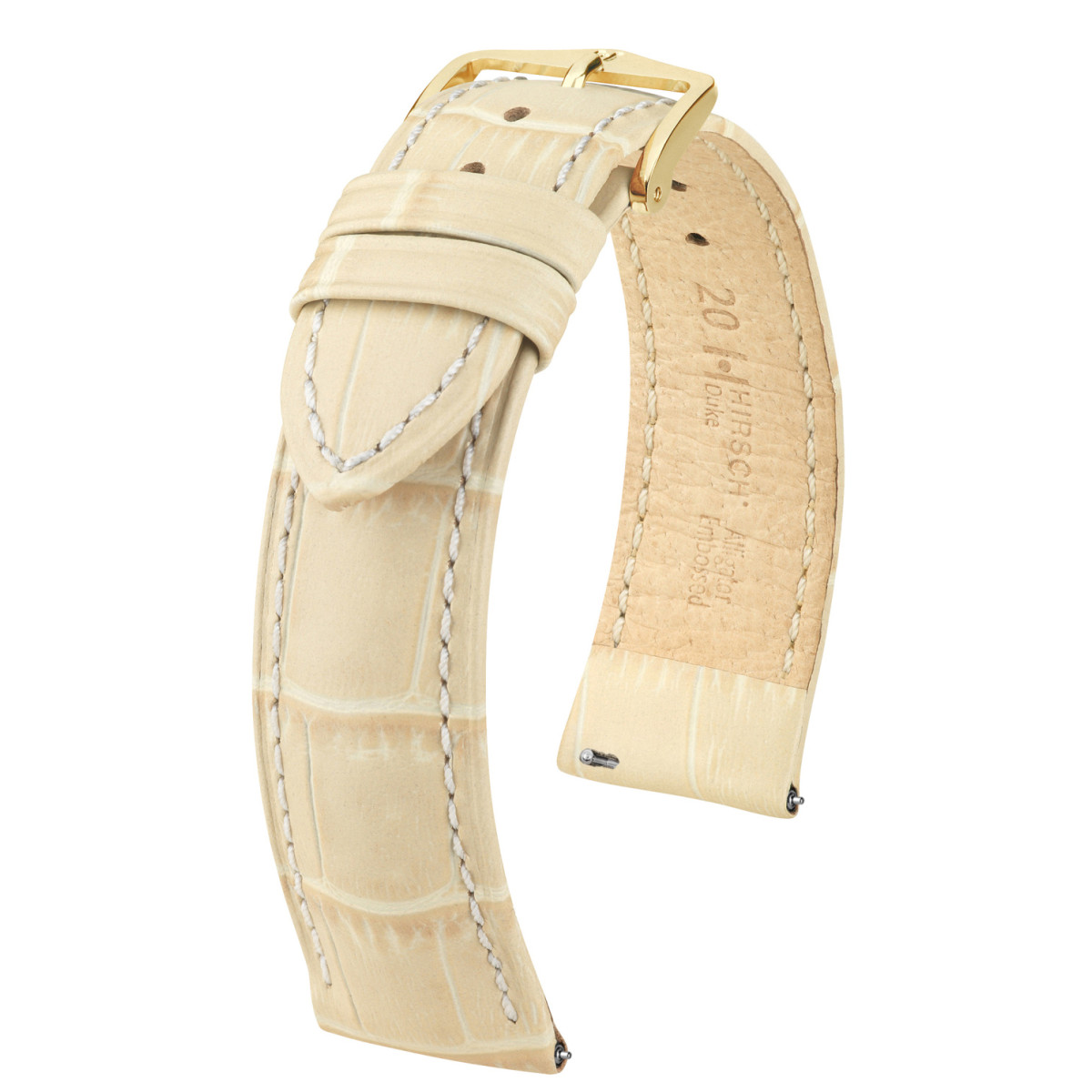 HIRSCH Duke 01028390-1 crèmekleurige leren horlogeband met krokodillenpatroon en goudkleurige gesp
