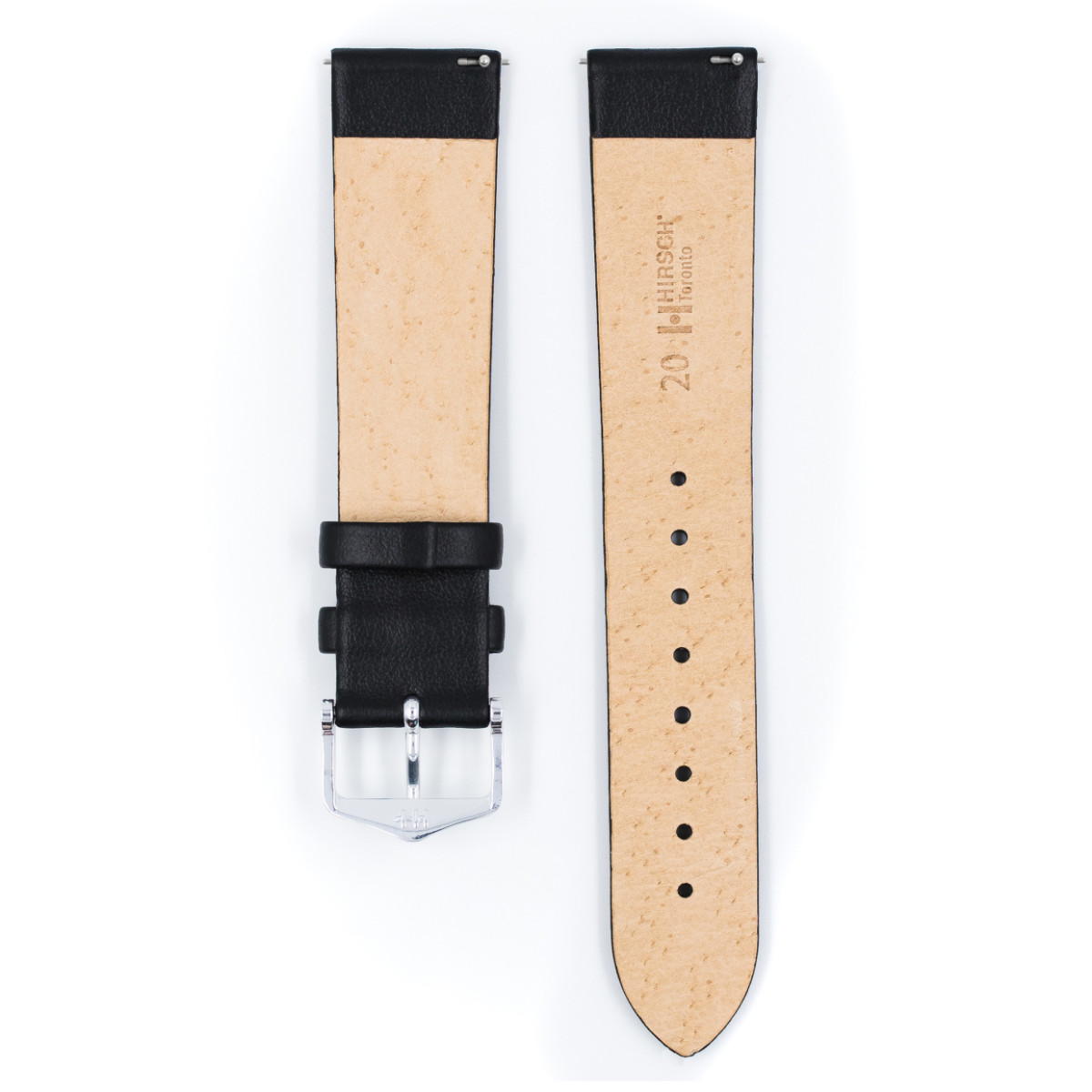HIRSCH Toronto L 03702050NQ-2 effen zwarte leren horlogeband met gesp zilverkleurig - 18-22 mm breed