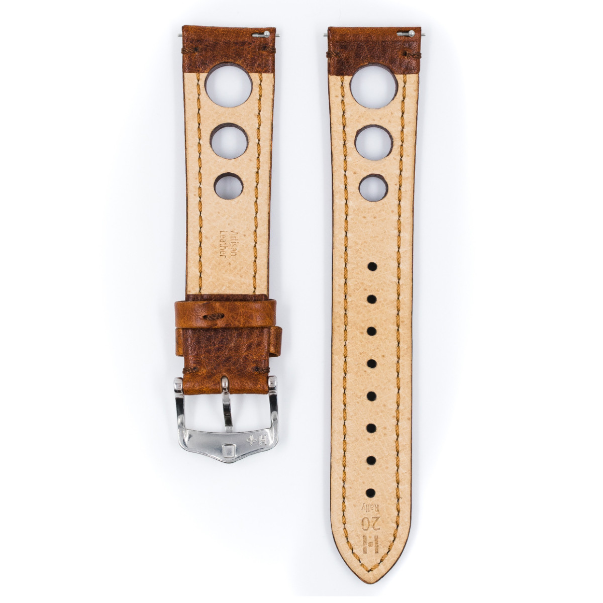 HIRSCH Rally 05102070-2 leren horlogeband cognac met open cirkels - Breedte 18-22 mm