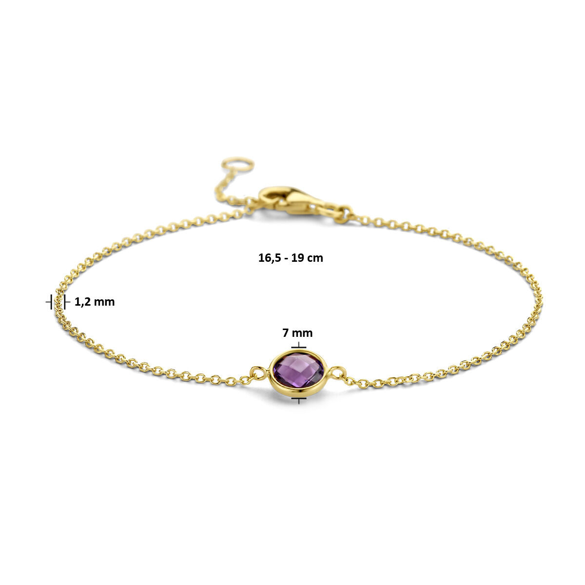 Gouden armband met amethist 1.2 mm 16.5 -19 cm