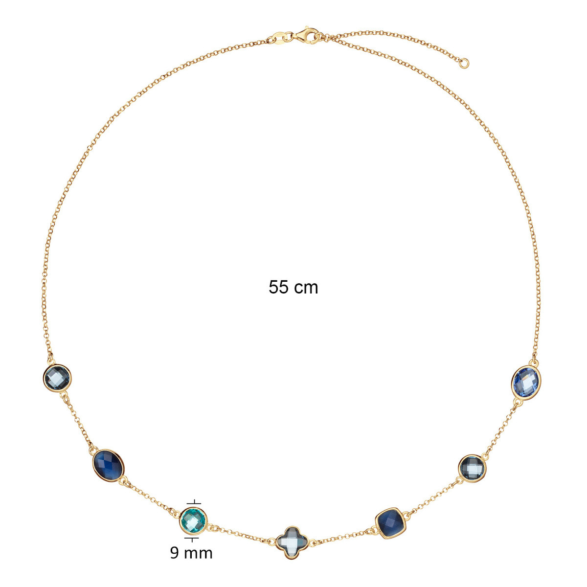 GLOW 102.8620.55 gold plated jasseron schakelketting met blauwe zirkonia's 9 mm - Lengte 55 cm
