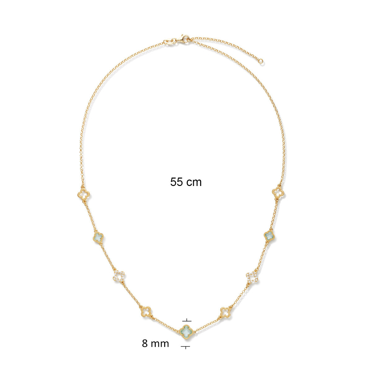 GLOW 102.8630.55 goudkleurige ketting met blauwe bloemen 8 mm - Lengte 55 cm