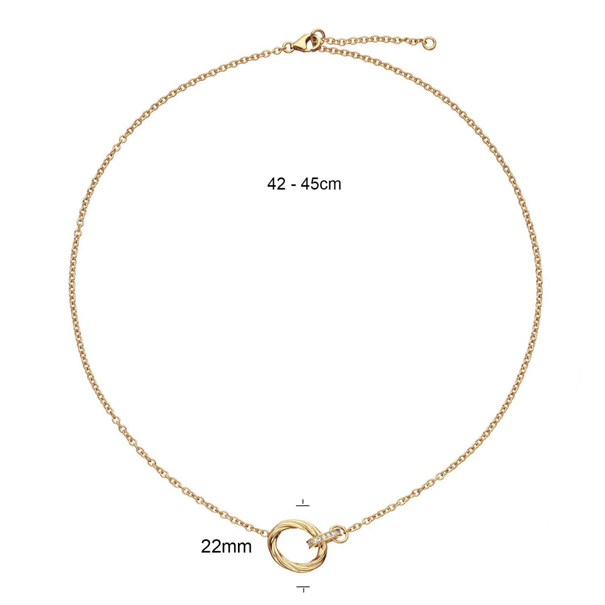 GLOW 102.8684.45 gold plated ketting met hanger rond en zirkonia 22 mm - Lengte 42-45 cm