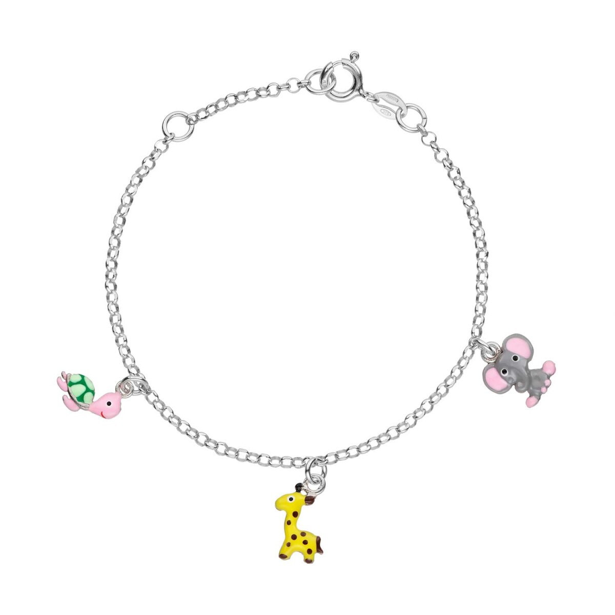 GLOW 104.0586.16 zilveren armband met hanger schildpad giraf olifant emaille 8 mm - Lengte 15 cm
