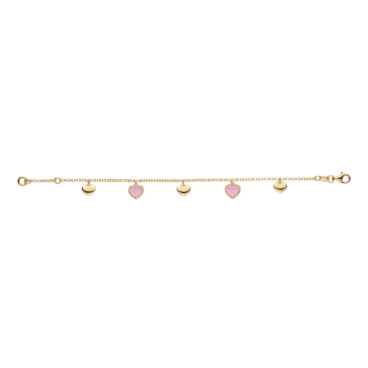 GLOW 104.8695.16 goudkleurige armband met hanger hartjes roze emaille 4 mm breed - Lengte 14-16 cm