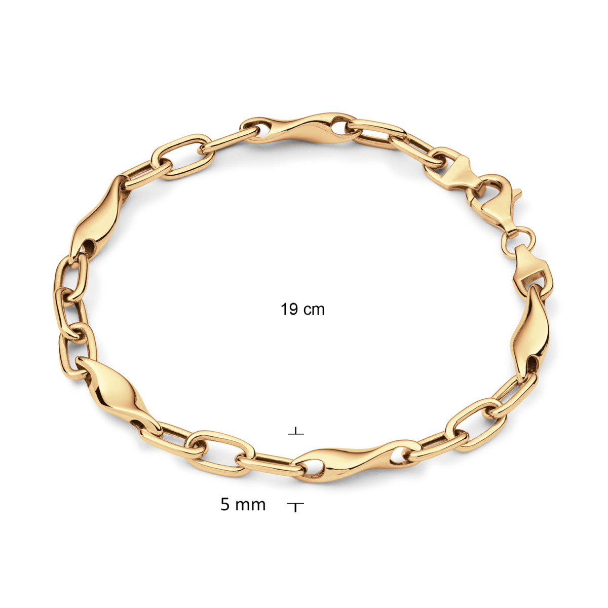GLOW 104.8989.19 gold plated glanzende schakelarmband met unieke mix schakels 5 mm breed - Lengte 19 cm