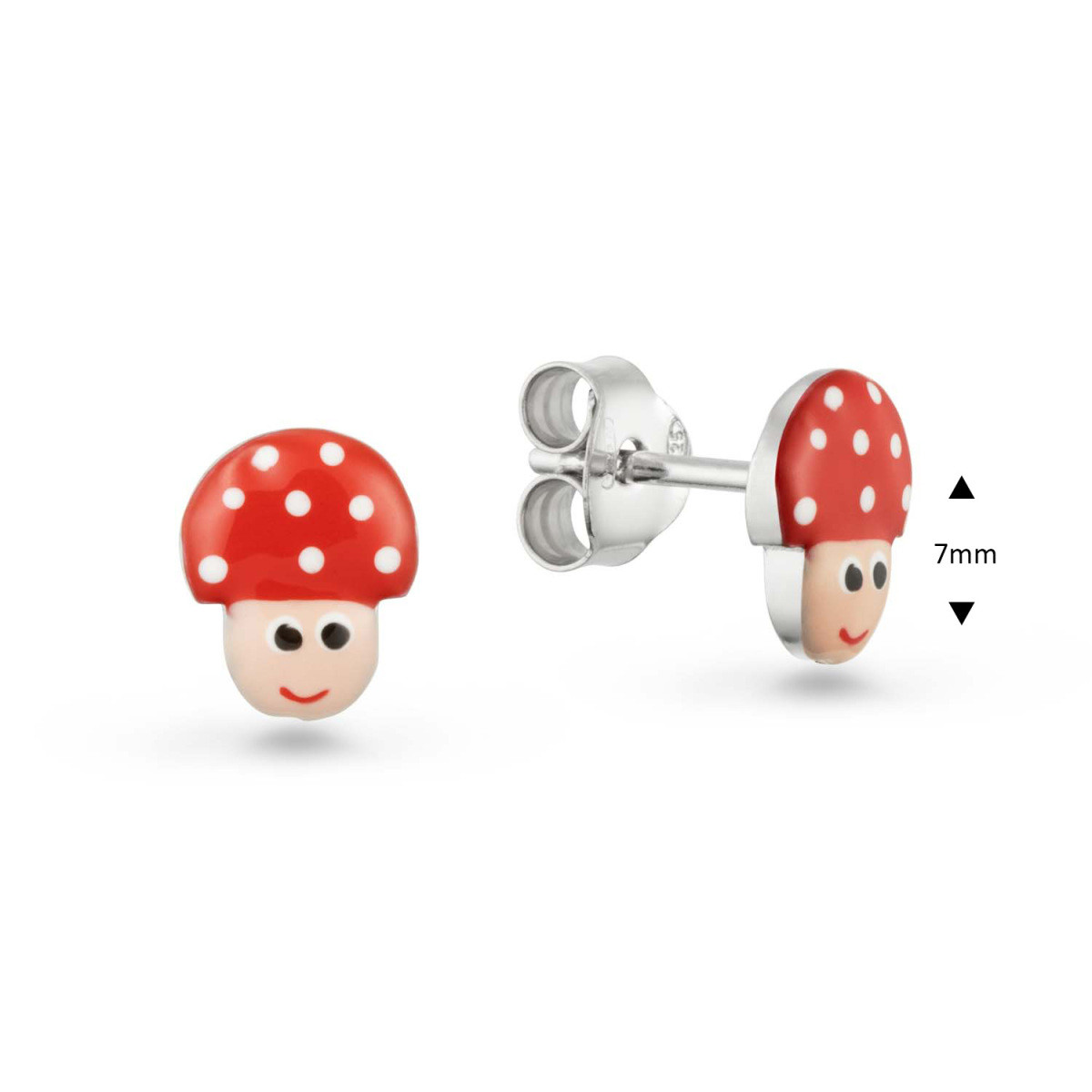 GLOW 106.0612.00 zilveren kinderoorknopjes met paddenstoelvormige emaille figuurtjes - Hoogte 7 mm