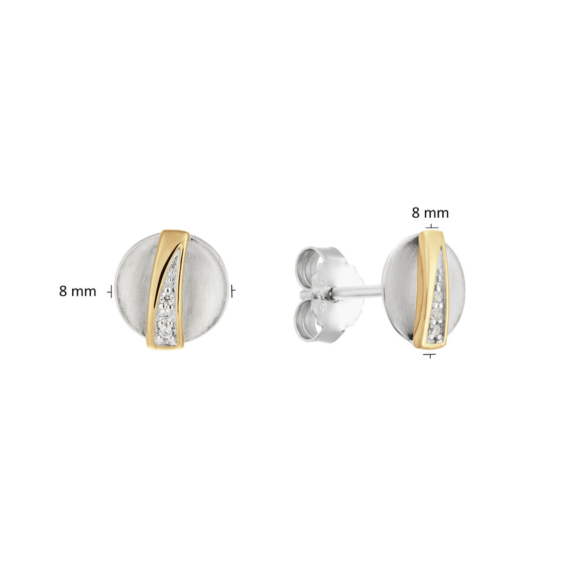GLOW 106.0810.00 bicolor ronde oorstekers met goudkleurige streep en zirkonia - Diameter 8 mm