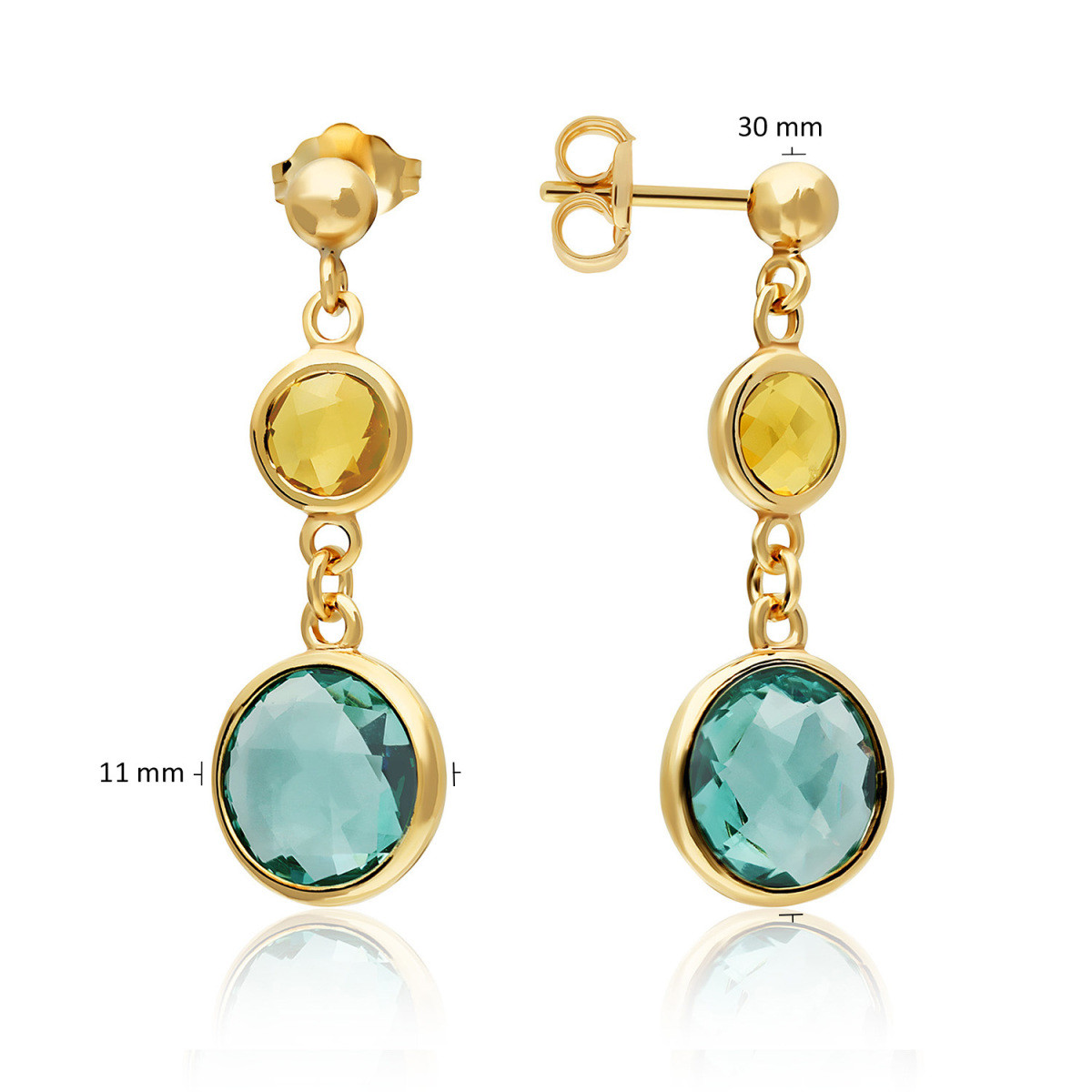 GLOW 106.8609.01 gold plated oorhangers met blauwe en gele zirkonia 11 mm breed - Hoogte 24 mm