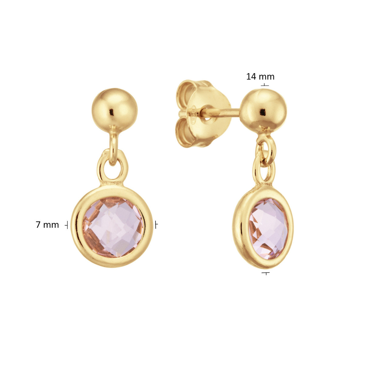 GLOW 106.8621.00 gold plated oorhangers met roze zirkonia 7 mm breed - Hoogte 14 mm