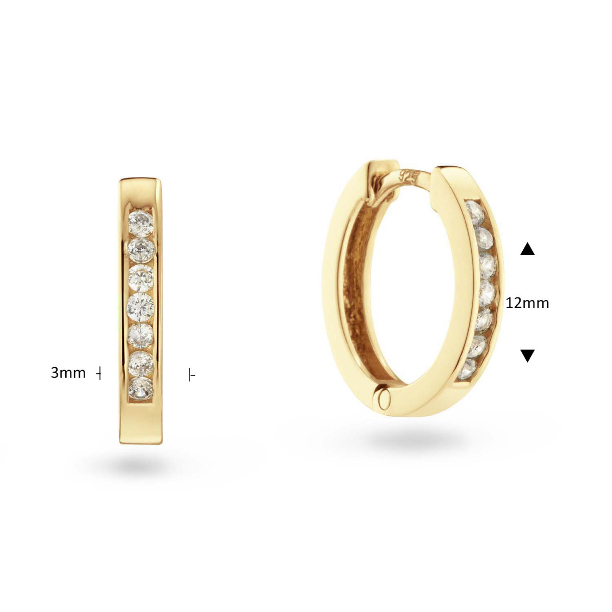 GLOW 107.0756.00 goudkleurige ronde oorringen met transparante zirkonia's 3 mm breed - Diameter 12 mm