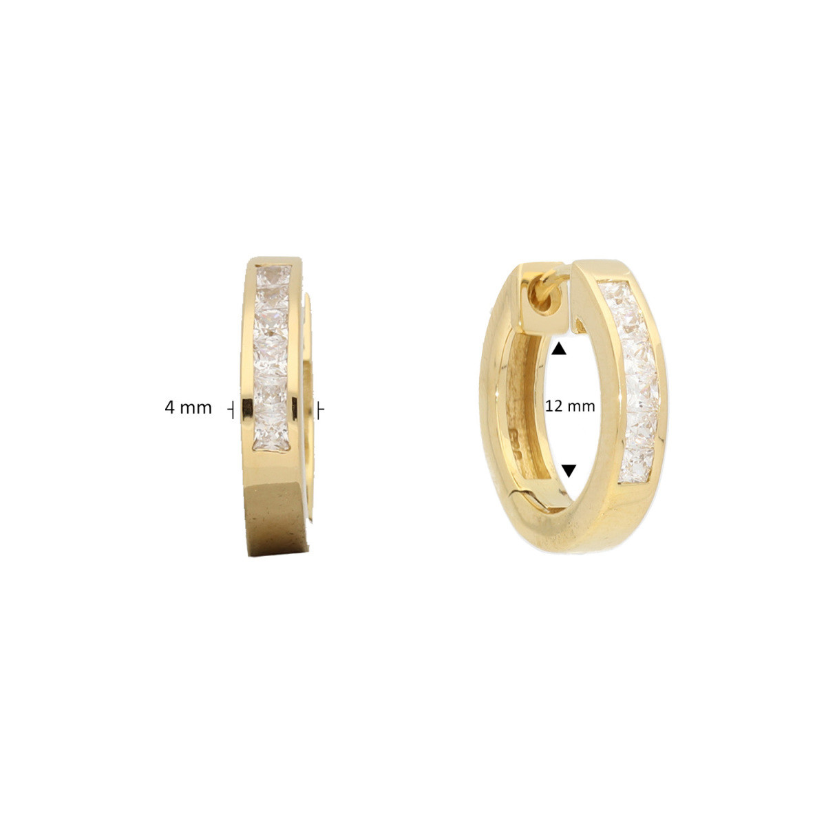 GLOW 107.8012.00 gold plated klapoorringen met zirkonia's 4 mm breed - Diameter 12 mm