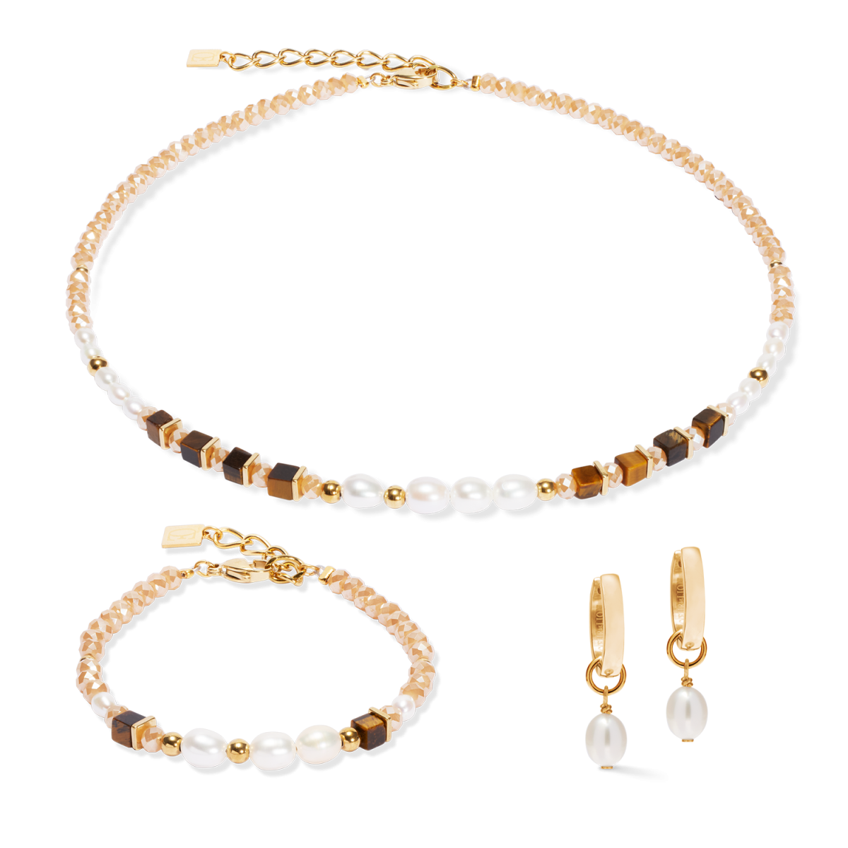 Coeur de Lion Cosmic Pearls ketting gold plated met parels en bruine stenen 1135/10-1110 - Lengte 42-48 cm