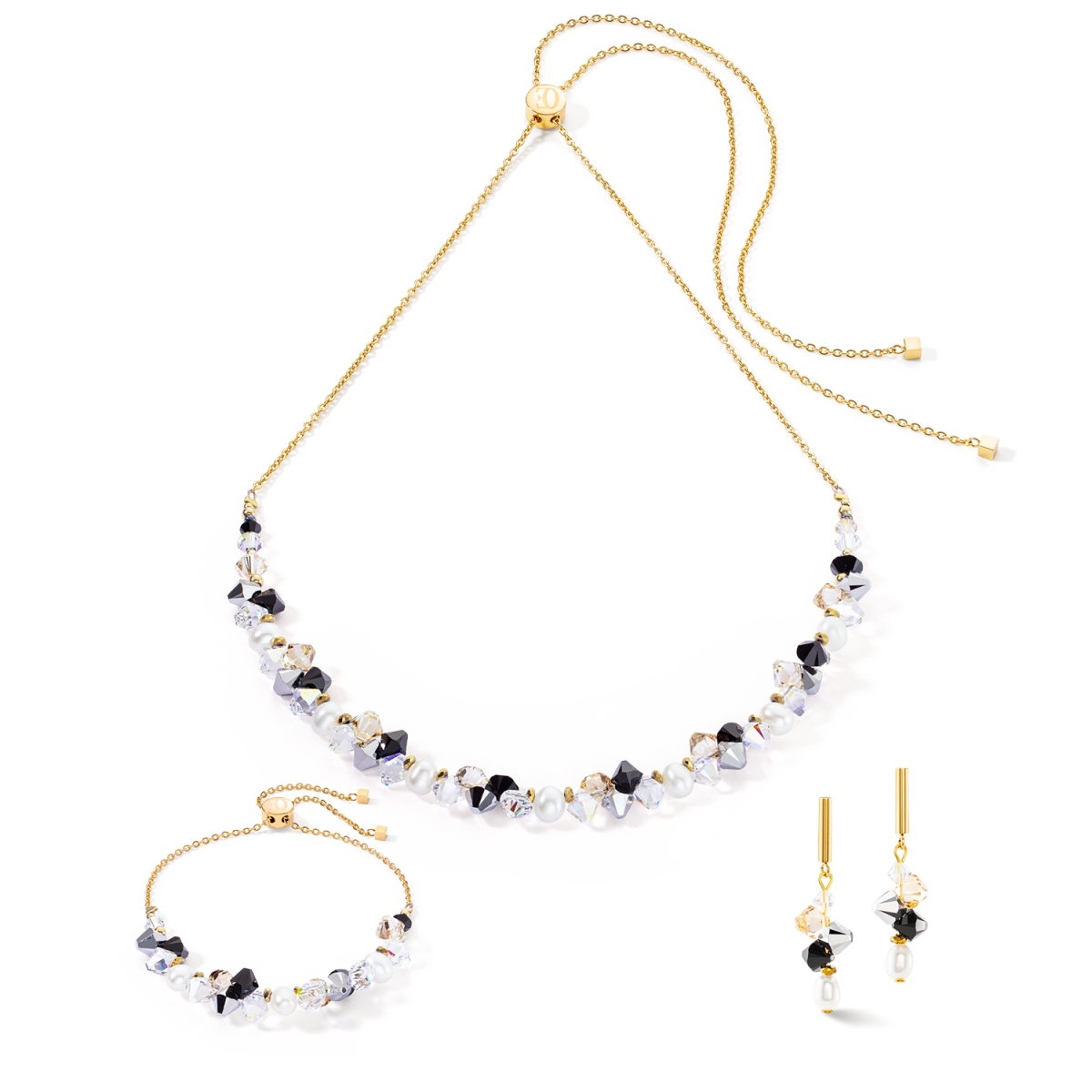 Coeur de Lion ketting Dancing Crystals 1124/10-1318 goudkleurig met zilver en zwart - Lengte 30 - 70 cm