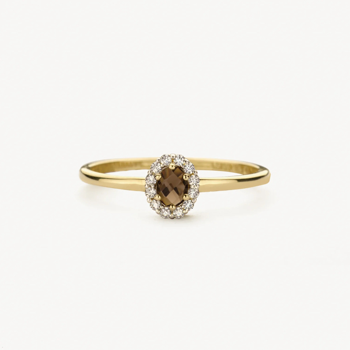 Blush 1258YSQ ovale gouden halo ring met bruine rookkwarts en zirkonia 1.3 mm breed