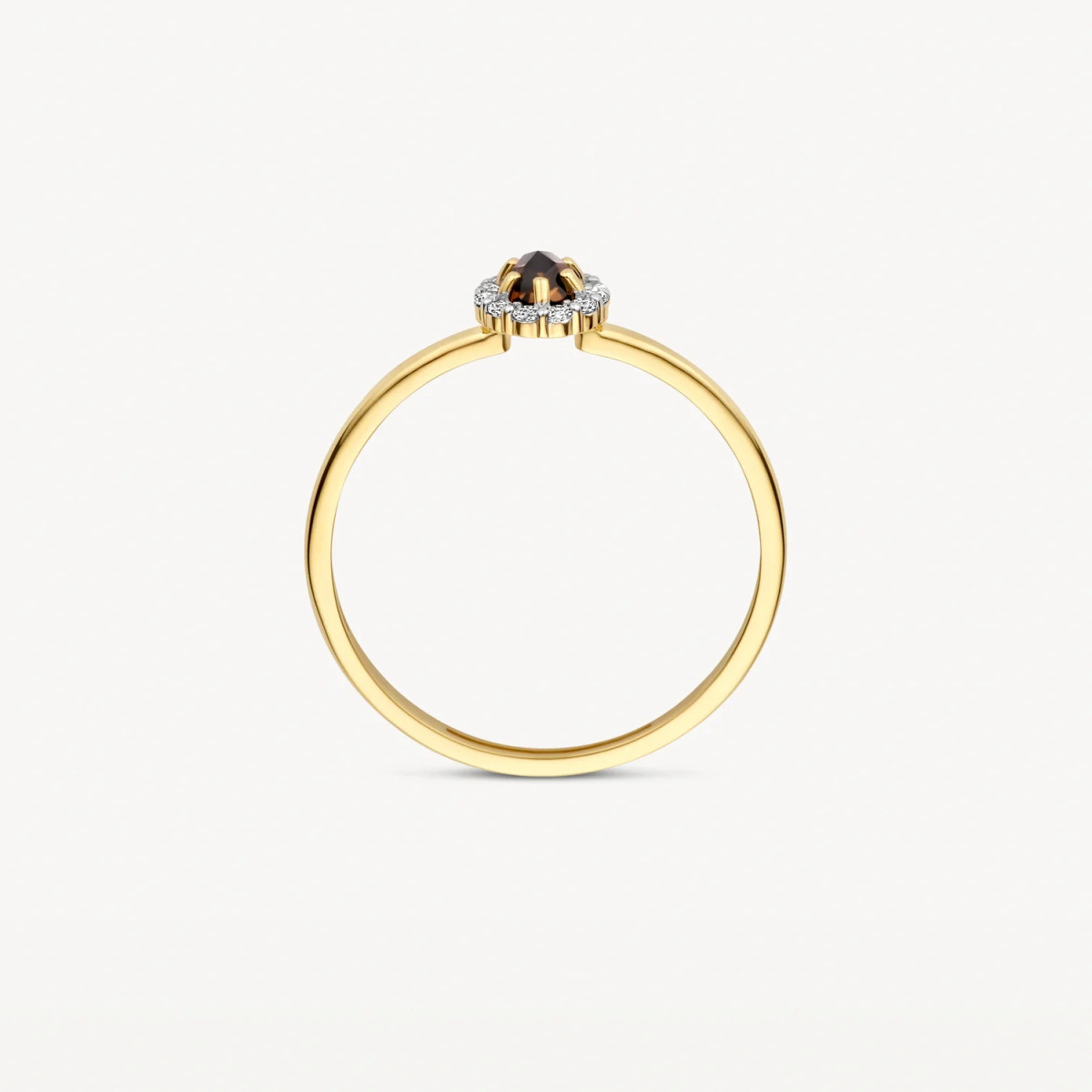 Blush 1258YSQ ovale gouden halo ring met bruine rookkwarts en zirkonia 1.3 mm breed