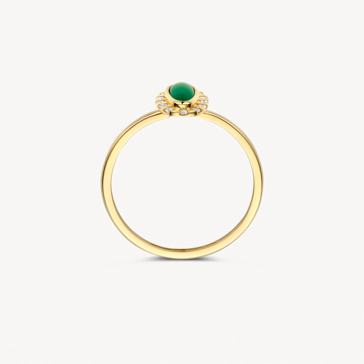 Blush 1266YGA 14-karaat gouden halo ring met ovale groene agaat en zirkonia 6.5 mm x 11.3 mm 1.3 mm breed