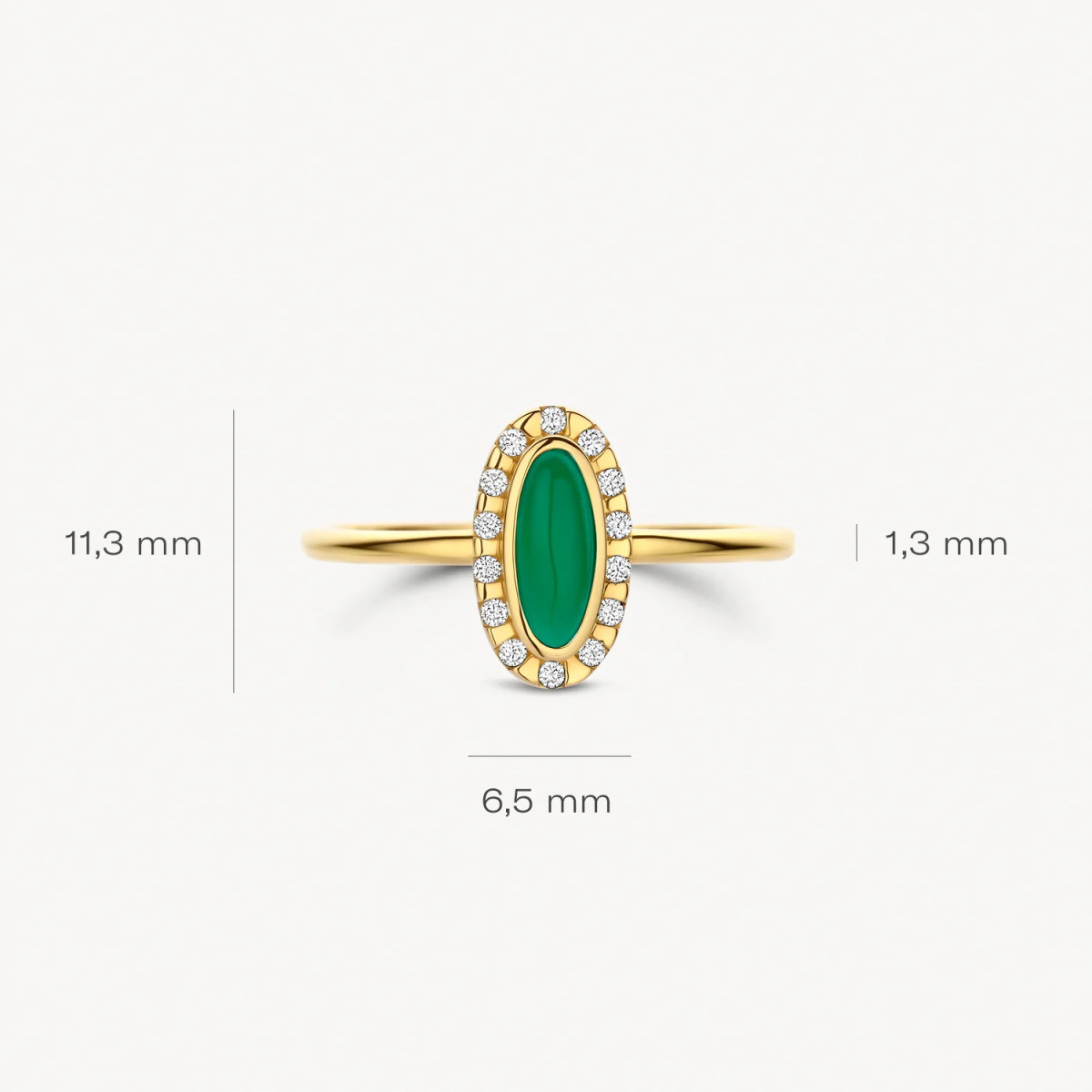 Blush 1266YGA 14-karaat gouden halo ring met ovale groene agaat en zirkonia 6.5 mm x 11.3 mm 1.3 mm breed