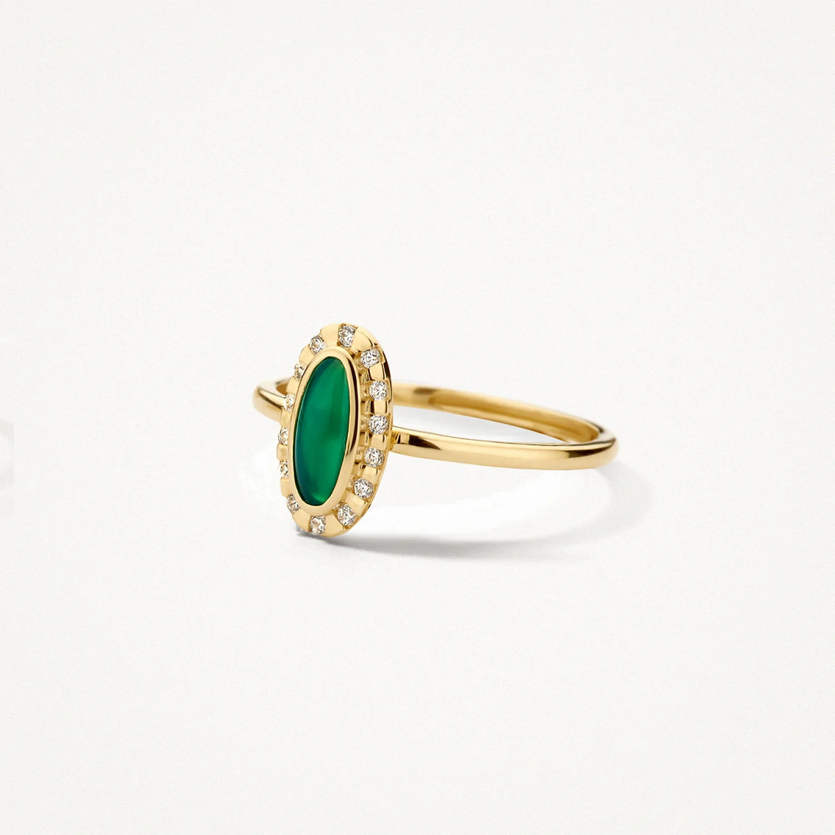 Blush 1266YGA 14-karaat gouden halo ring met ovale groene agaat en zirkonia 6.5 mm x 11.3 mm 1.3 mm breed