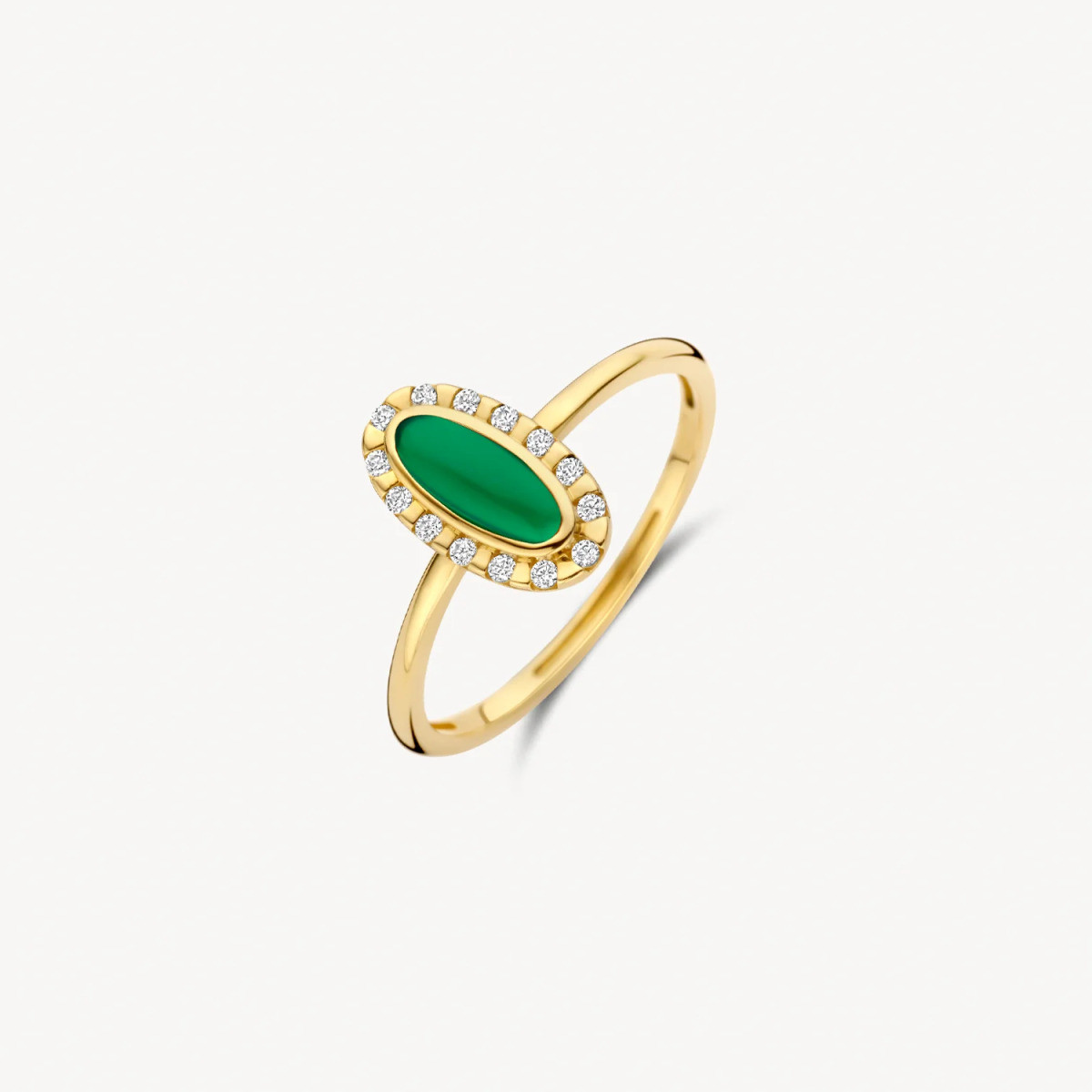 Blush 1266YGA 14-karaat gouden halo ring met ovale groene agaat en zirkonia 6.5 mm x 11.3 mm 1.3 mm breed