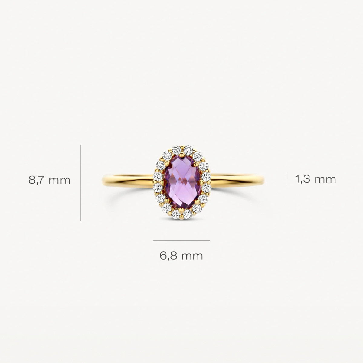 Blush 1271YAM 14-karaat gouden halo ring met paarse amethist en zirkonia 1.3 mm breed