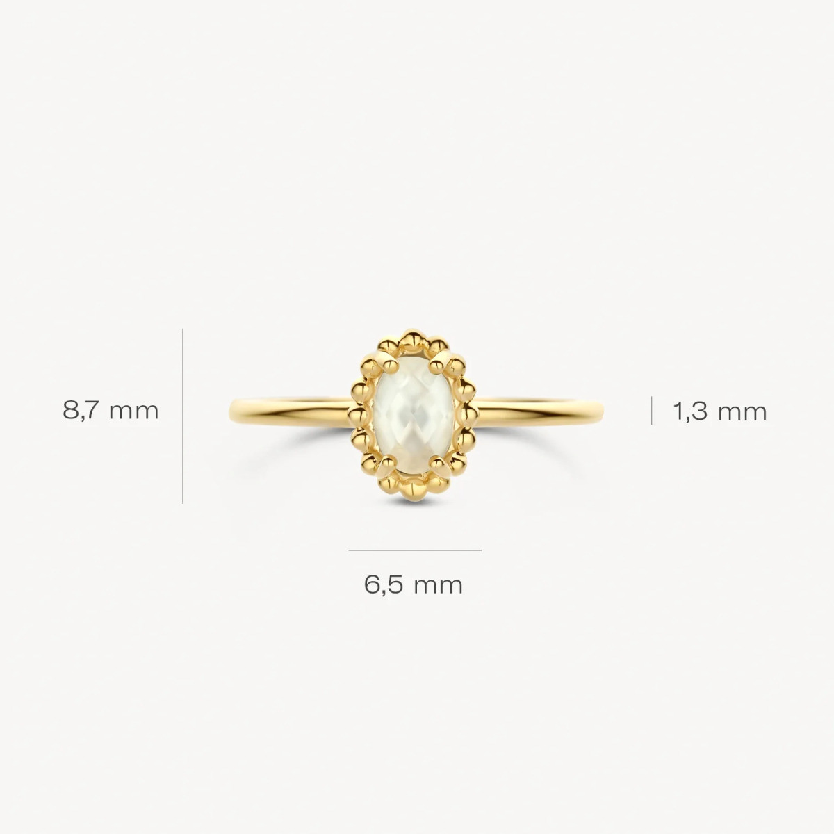 Blush 1272YMQ 14k gouden ring met witte ovaal en bolletjes rand 1.3 mm breed