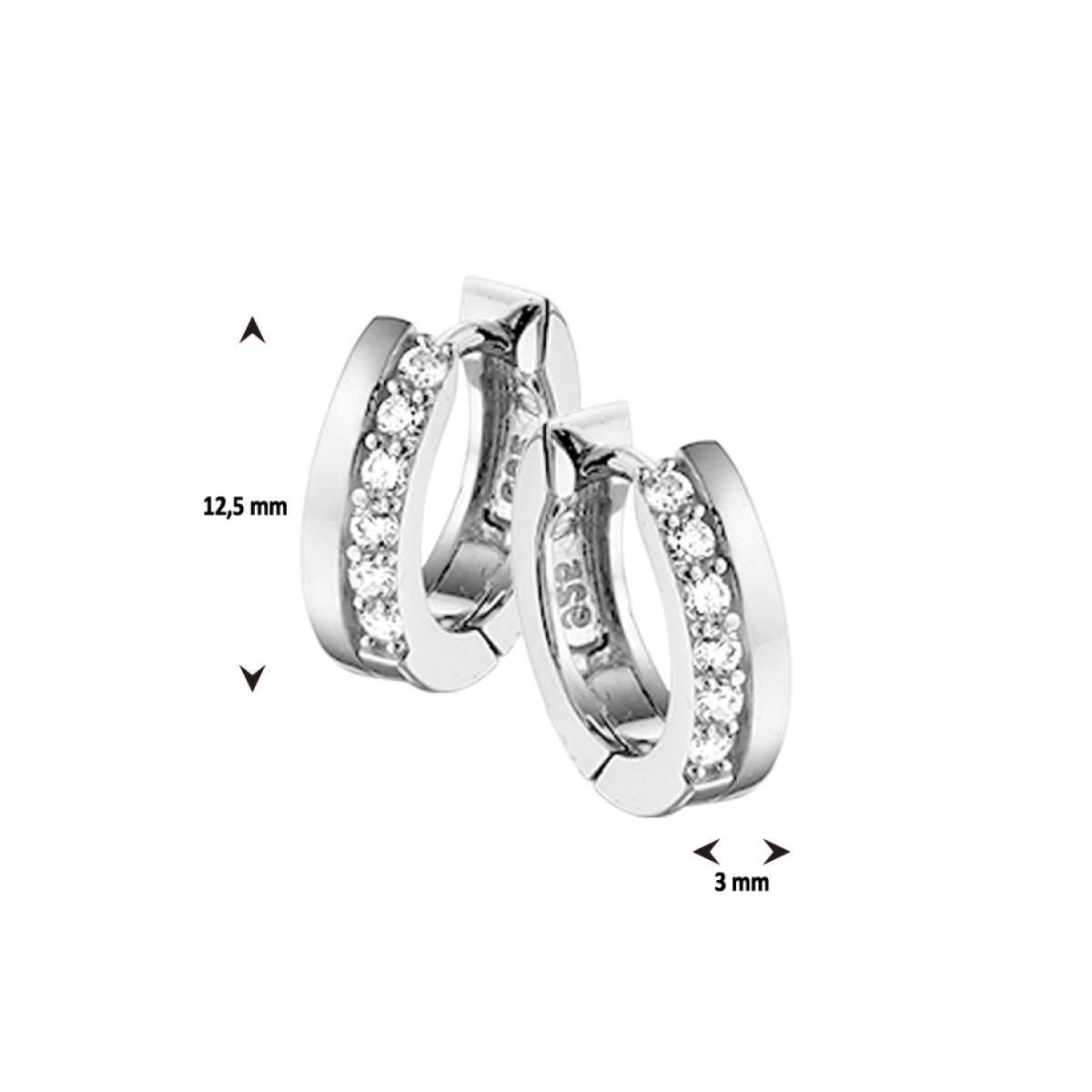 Klapcreolen zilverkleurig met zirkonia 3 mm breedte